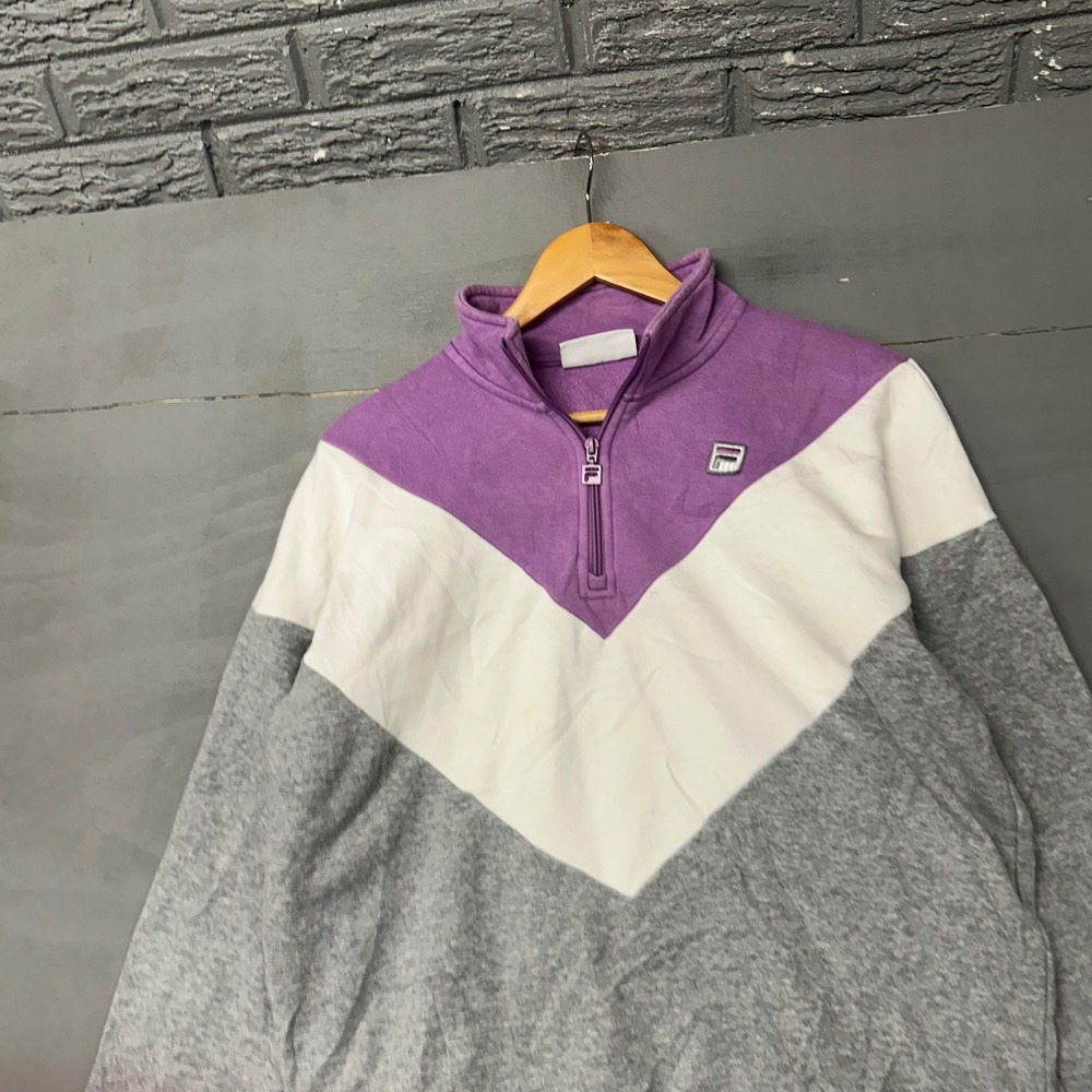 Fila Mens Large Quarter Zip Fleece Sweatshirt‎ Purple White Gray Colorblock Logo